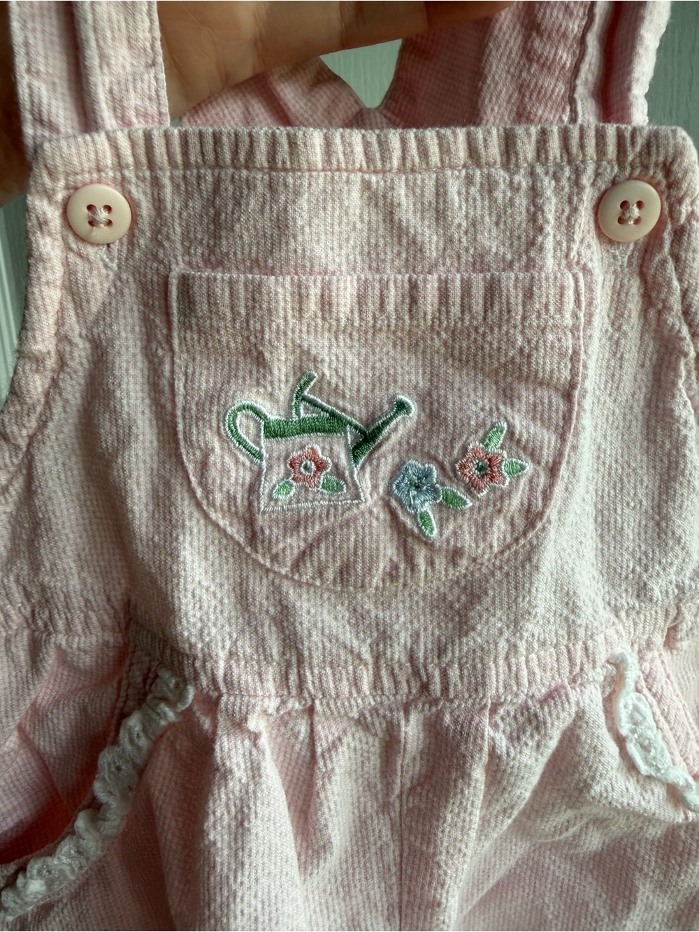 Vintage Pink Baby gingham Overalls with Embroidery and lace trim - Picture 2 of 6